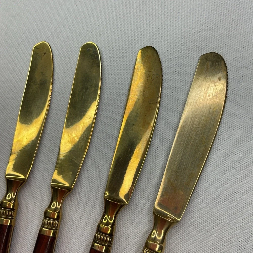 Pottery Barn Rosewood Knives Golden Bronze Flatware Cutting Dinner 4 Pcs